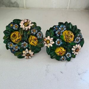 1950s Vintage Cast Iron Hand Painted Floral Curtain Tie Backs or Cabinet Pulls